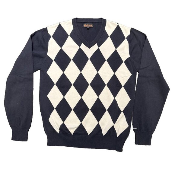 Ben Sherman Men's Argyle Sweater V neck sweater Size 3L Black/ White, golf - Picture 1 of 12